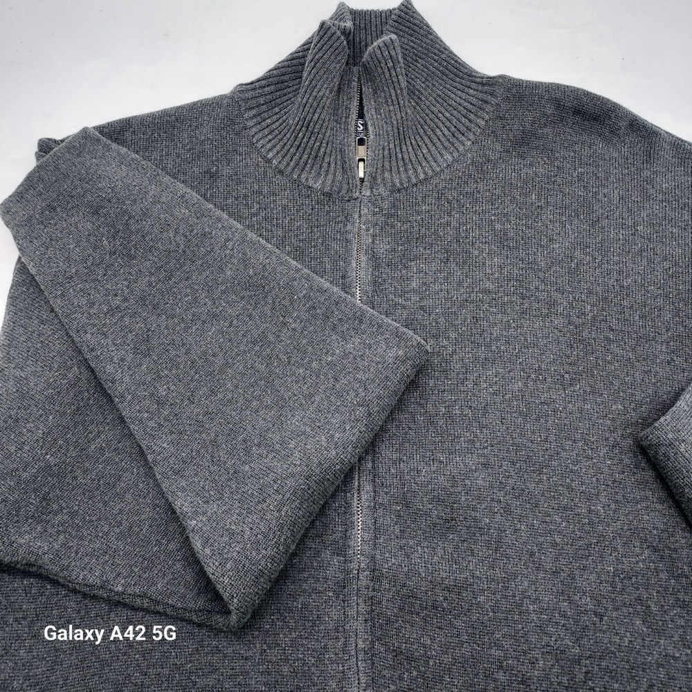 Structure Mens Gray Full Zip Cotton Cardigan Sweater Mock Neck Varsity Stripe S